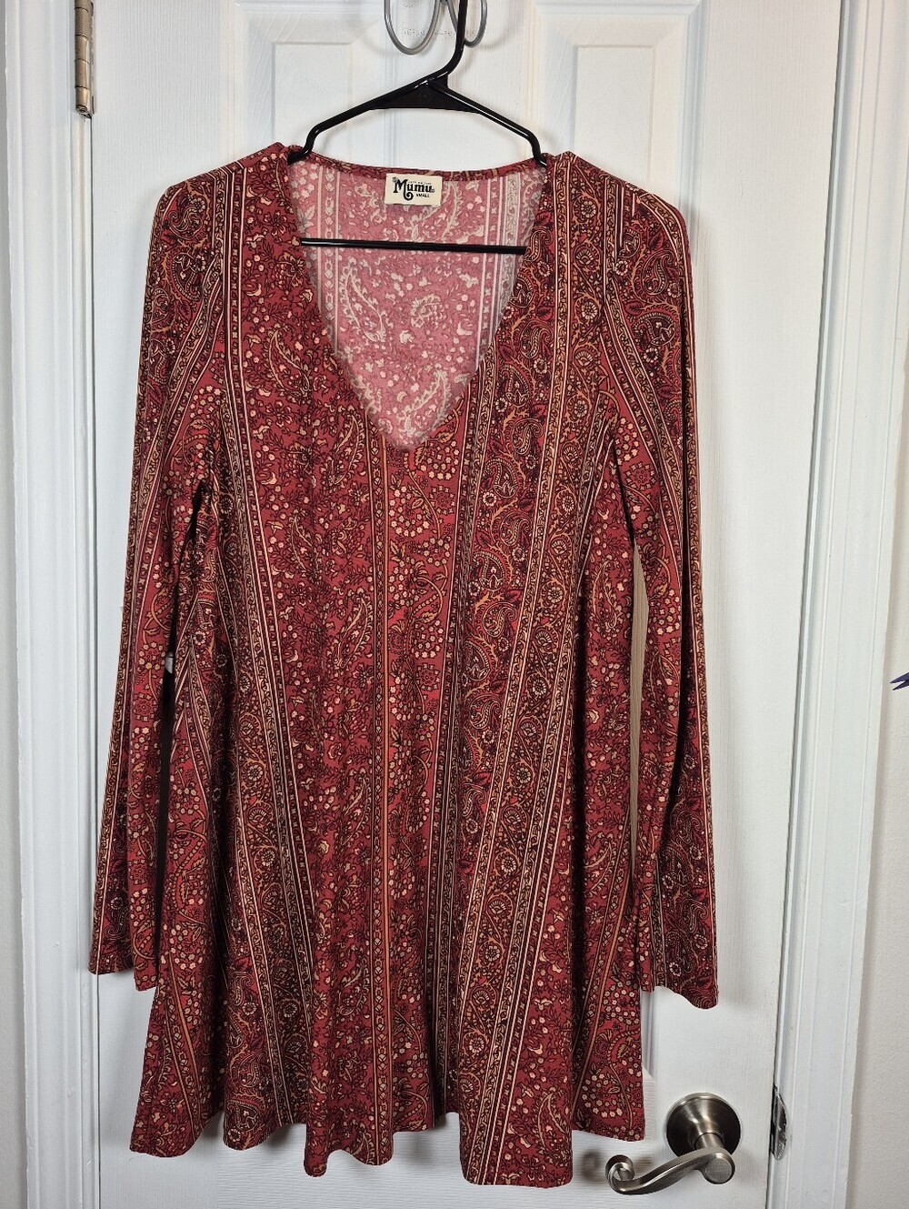 Show Me Your Mumu Paisley Long Sleeve V-Neck Tunic Dress Red Brown Boho S